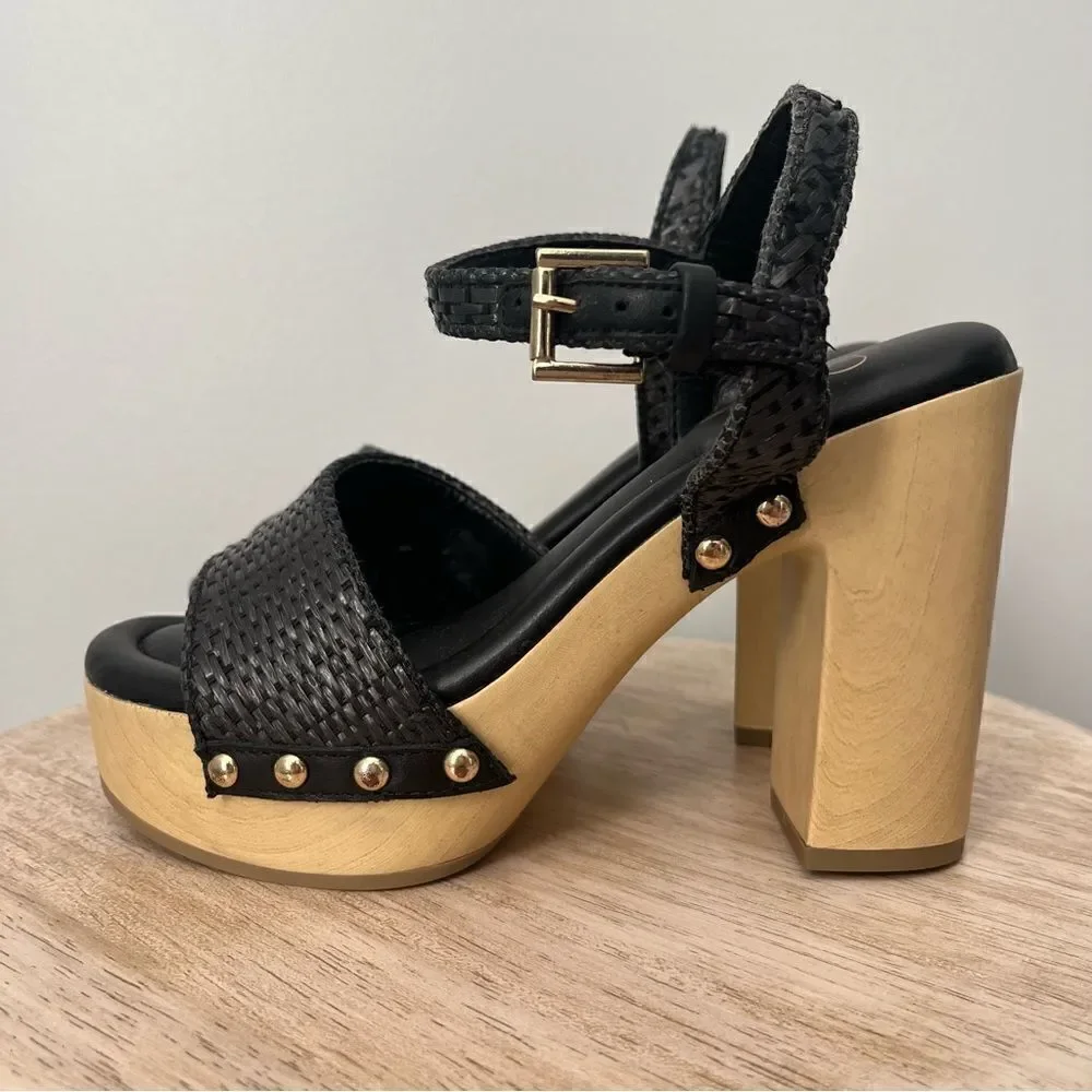 Franco Sarto Wally Woven Platform Ankle Strap Heels Size 6.5 Black NWOB